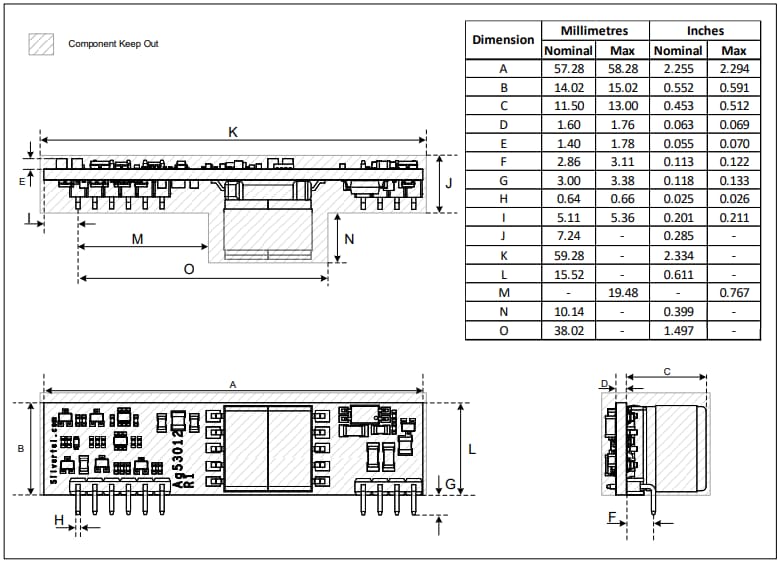 Mechanical Drawing - Silvertel Ag53000 Single-In-Line (SIL) PoE+ PD Modules